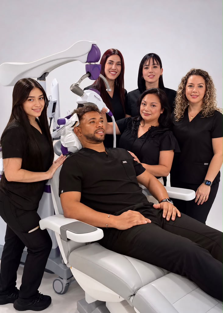 NeuroLift clinical team with a patient in a TMS treatment chair